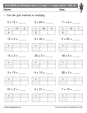 Grid Method Multiplication 2 Digit X 1 Digit within 100 S1  Form