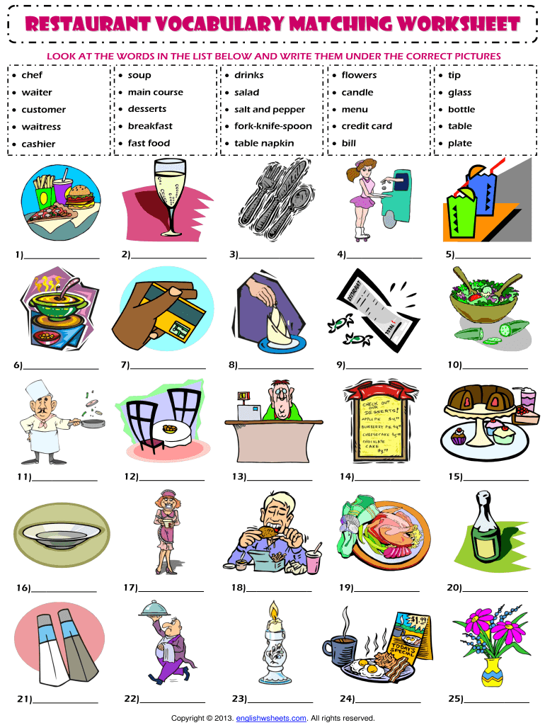 Restaurant Vocabulary Matching Worksheet  Form