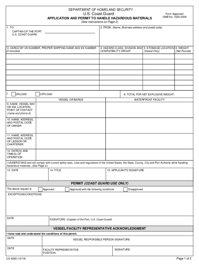  CG4260 PDF Application and Permit to Handle Hazardous Materials 2019-2024