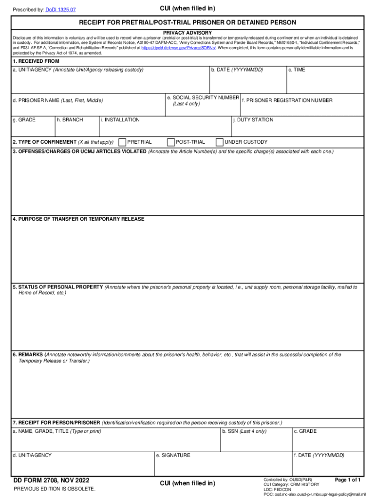  DD Form 2708, Receipt for Pre TrialPost Trial Prisoner or Detained Person, March 2022-2024
