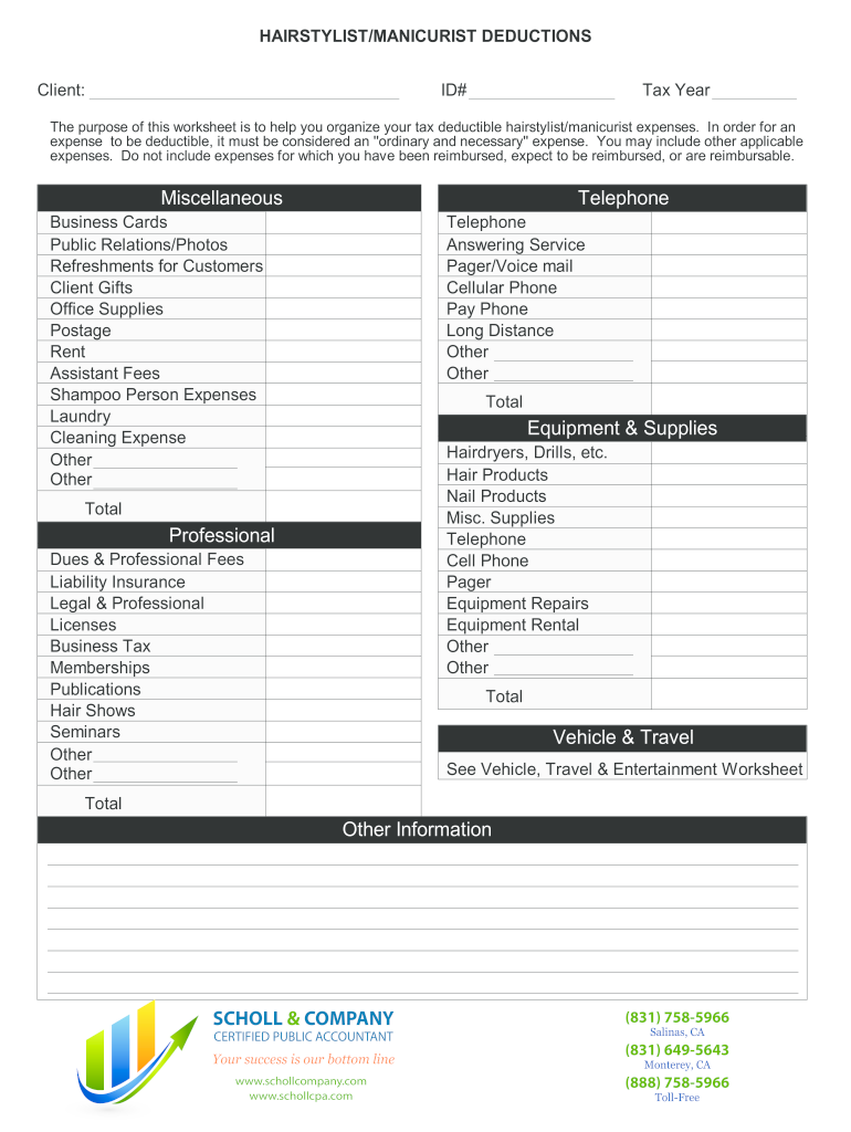 Hair Stylist Tax Deduction Worksheet  Form