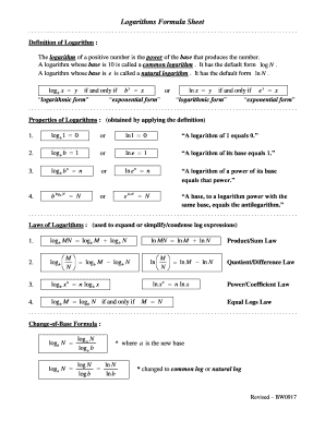 Logarithms Formula Sheet