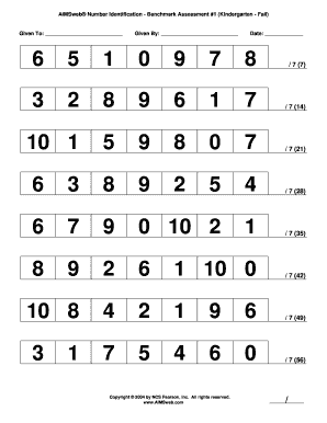 AIMSweb Number Identification Benchmark Assessment #1 Kindergarten Fall  Form