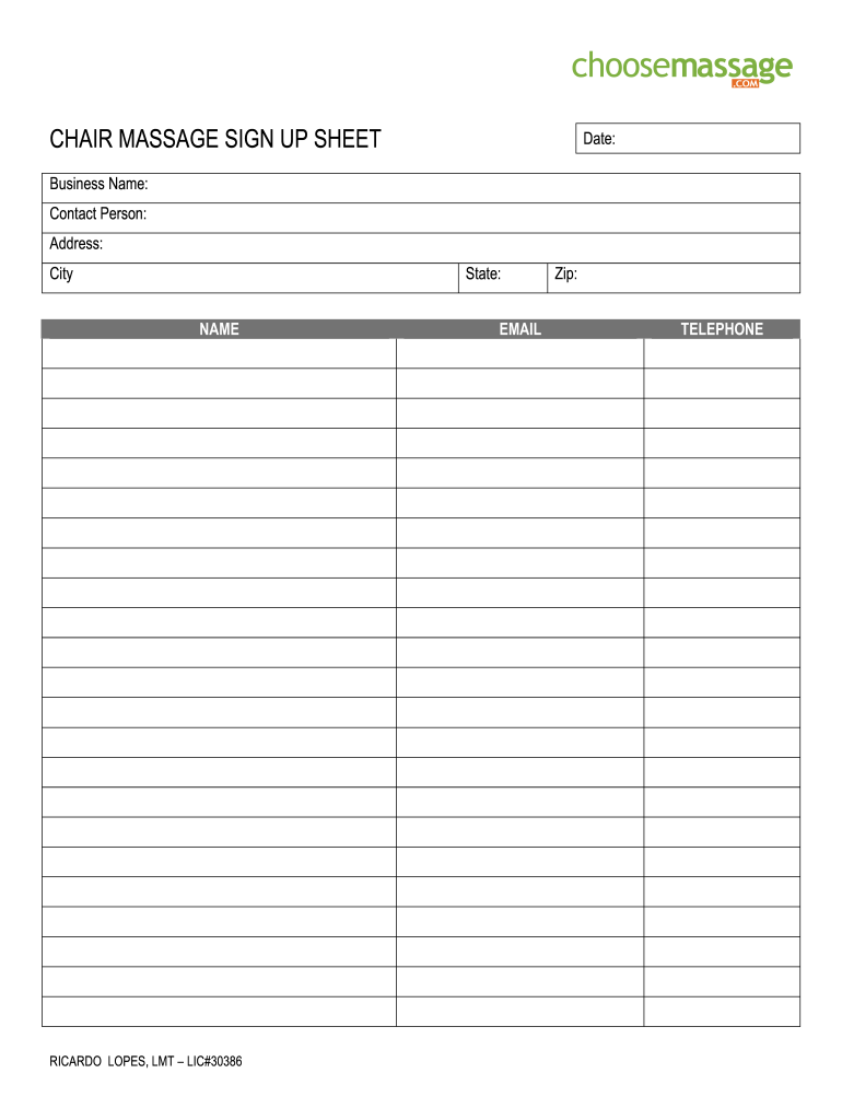 Chair Massage Sign Up Sheet  Form