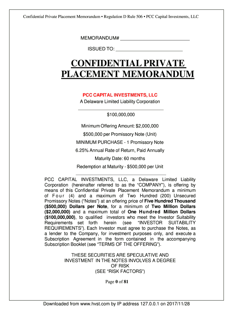 Confidential Private Placement Memorandum Regulation D Rule 506 PCC Capital Investments, LLC  Form