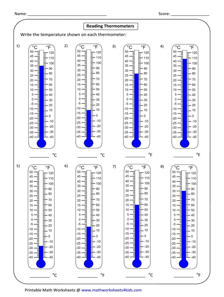 Write the Temperature Shown on Each Thermometer  Form