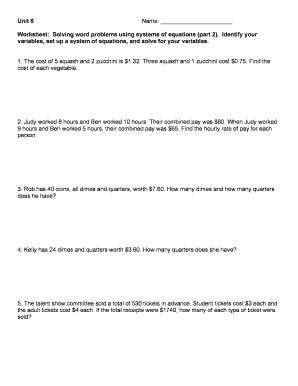 Systems of Equations Word Problems Worksheet PDF  Form