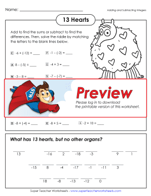 13 Hearts Math Worksheet Answer Key  Form