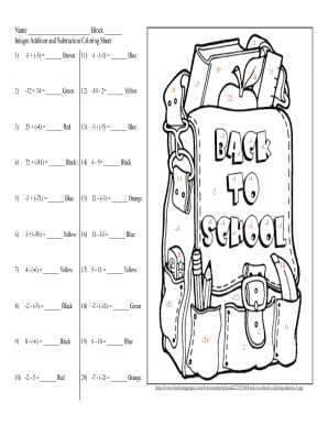 Adding and Subtracting Integers Coloring Worksheet PDF  Form