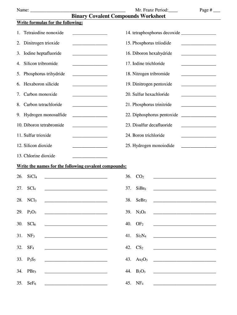 Binary Covalent Compounds Worksheet  Form