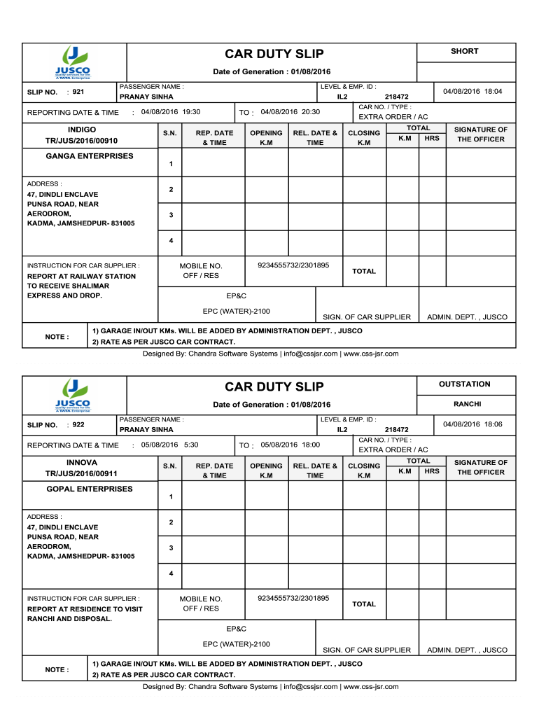 Duty Slip Format for Car Rental