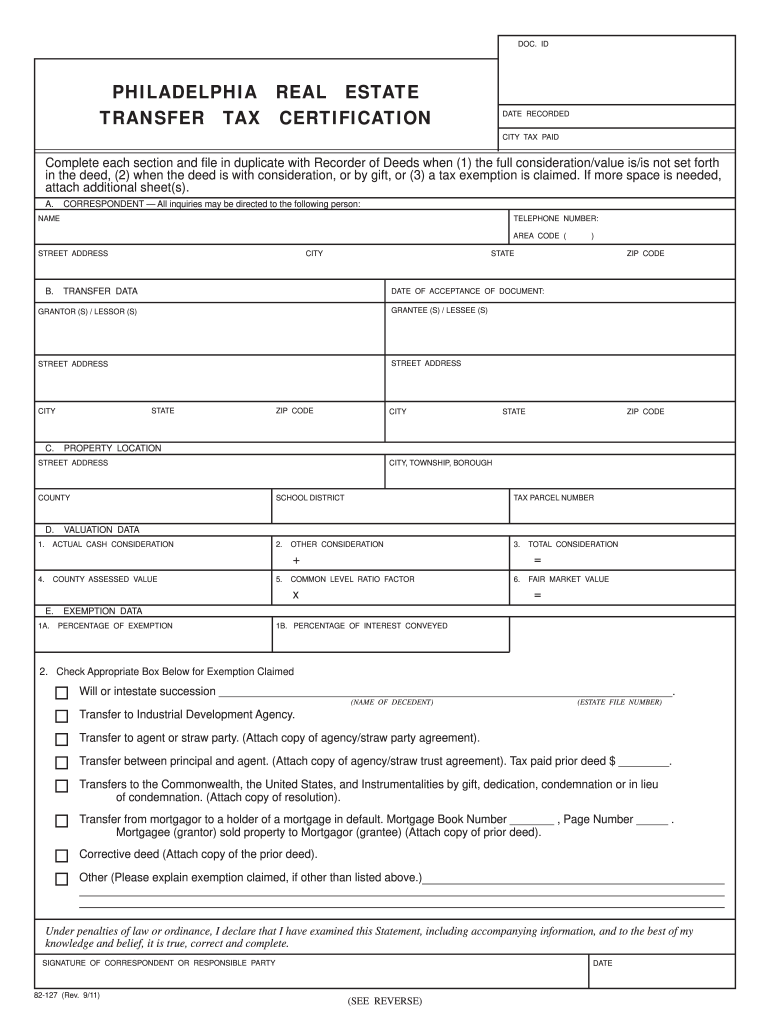  Philadelphia Real Estate Transfer Form 2011-2023