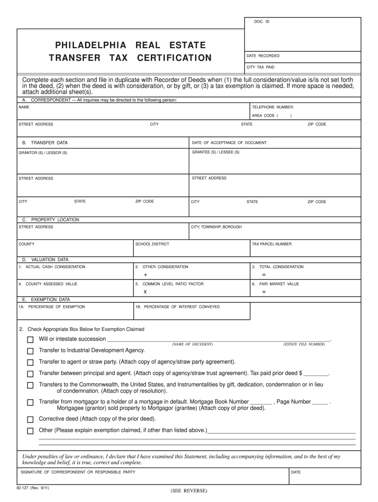  Philadelphia Real Estate Transfer Form 2011-2024