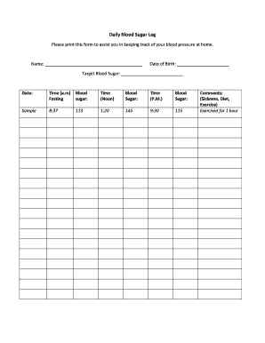 Printable Daily Blood Sugar Log Form - Fill Out and Sign Printable PDF  Template | signNow