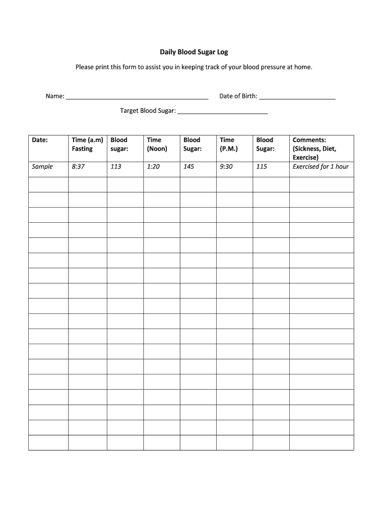 Daily Blood Sugar Log  Form