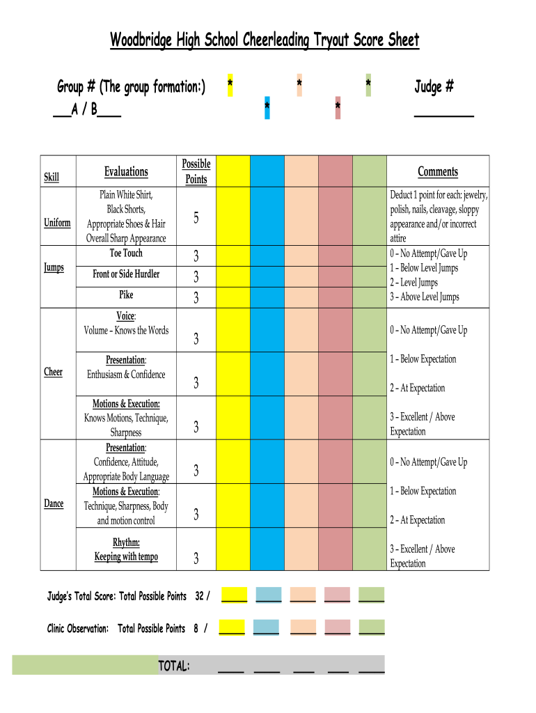 Woodbridge High School Cheerleading Tryout Score Sheet  Form