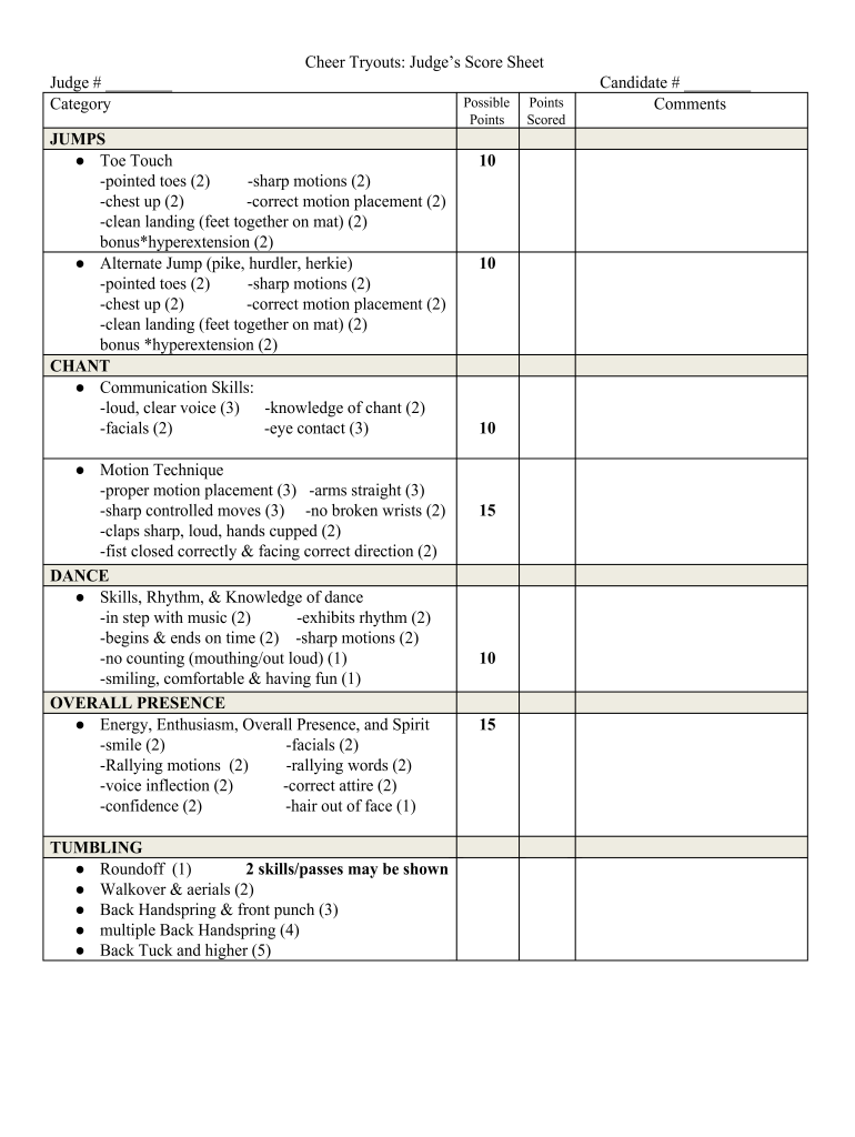 Cheer Tryouts Score Sheet  Form