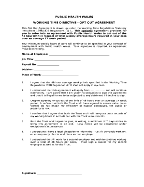 WORKING TIME DIRECTIVE OPT OUT AGREEMENT  Form