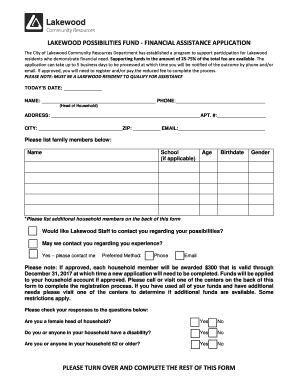 LAKEWOOD POSSIBILITIES FUND FINANCIAL ASSISTANCE APPLICATION  Form