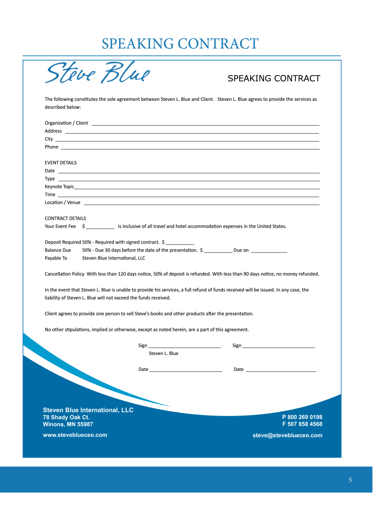 One Page Speaking Contract Form Fill Out and Sign Printable PDF