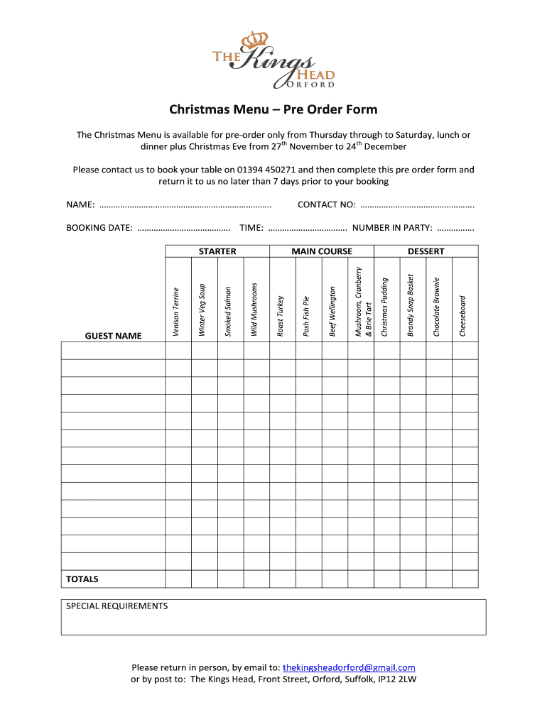 Christmas Menu Pre Order Form