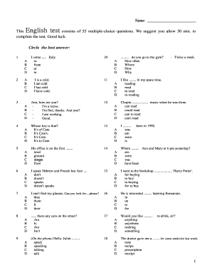 This English Test Consists of 55 Multiple Choice Questions Answers  Form