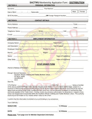 SACTWU Membership Application Form DISTRIBUTION