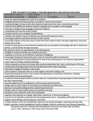 A Self Checklist for Providing a Culturally Responsive Instructional Environment  Form