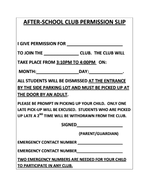 AFTER SCHOOL CLUB PERMISSION SLIP  Form