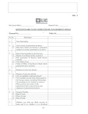 QUESTIONNAIRE to BE COMPLETED by NON RESIDENT INDIAN  Form