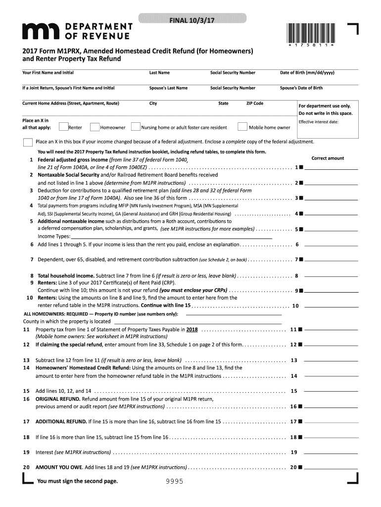  Form M1PRX, Amended Homestead Credit Refund for Homeowners 2017