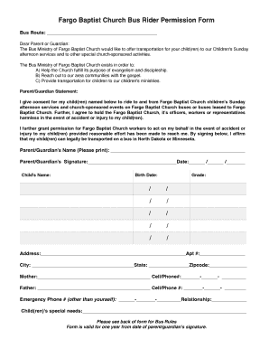 Fargo Baptist Church Bus Rider Permission Form