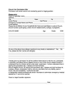 Church Van Permission Slip  Form