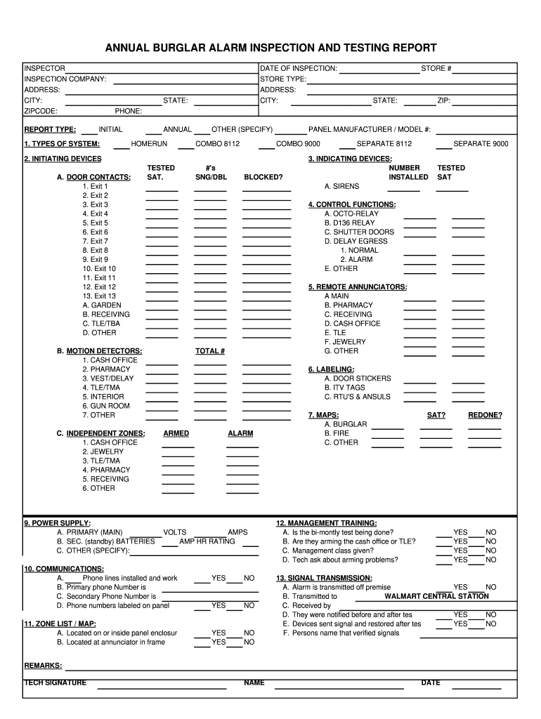 ANNUAL BURGLAR ALARM INSPECTION and TESTING REPORT  Form