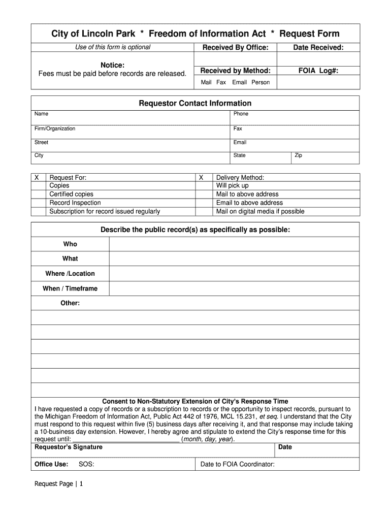 City of Lincoln Park * Dom of Information Act * Request Form