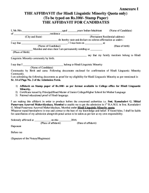 The AFFIDAVIT for Hindi Linguistic Minority Quota Only  Form