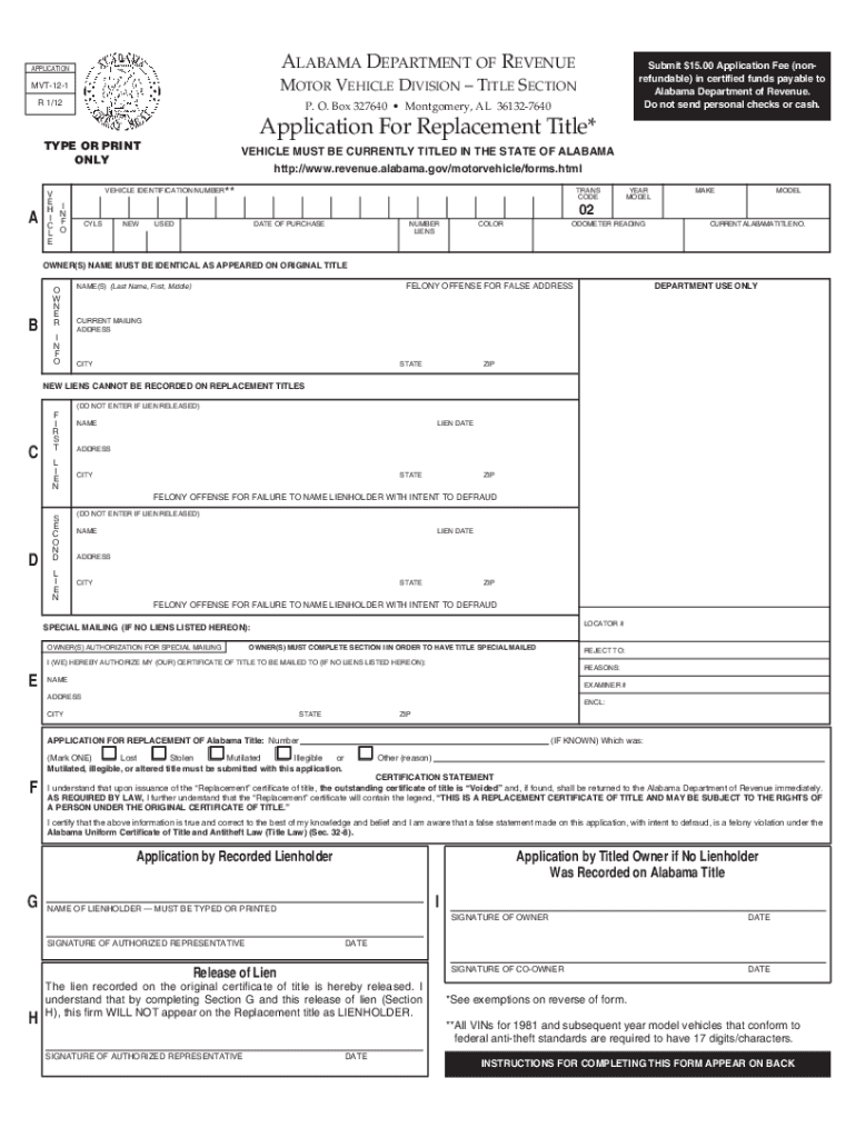 ALABAMA DEPARTMENT of REVENUEAPPLICATIONMVT121MOTO  Form