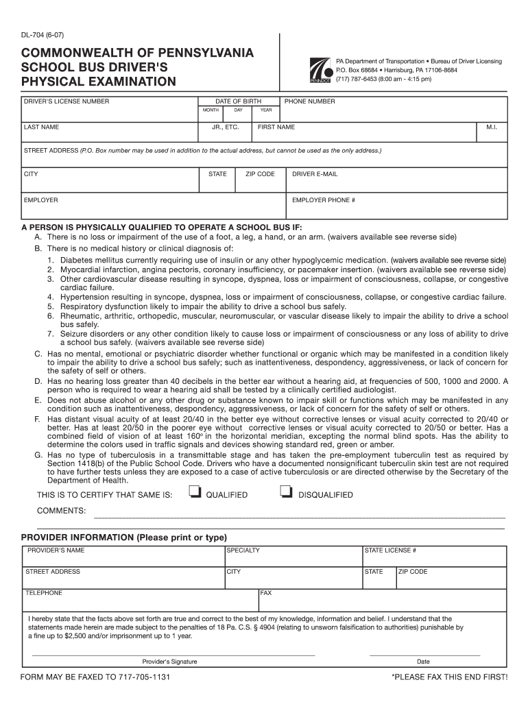 Pa School Bus Physical Form Dl 742