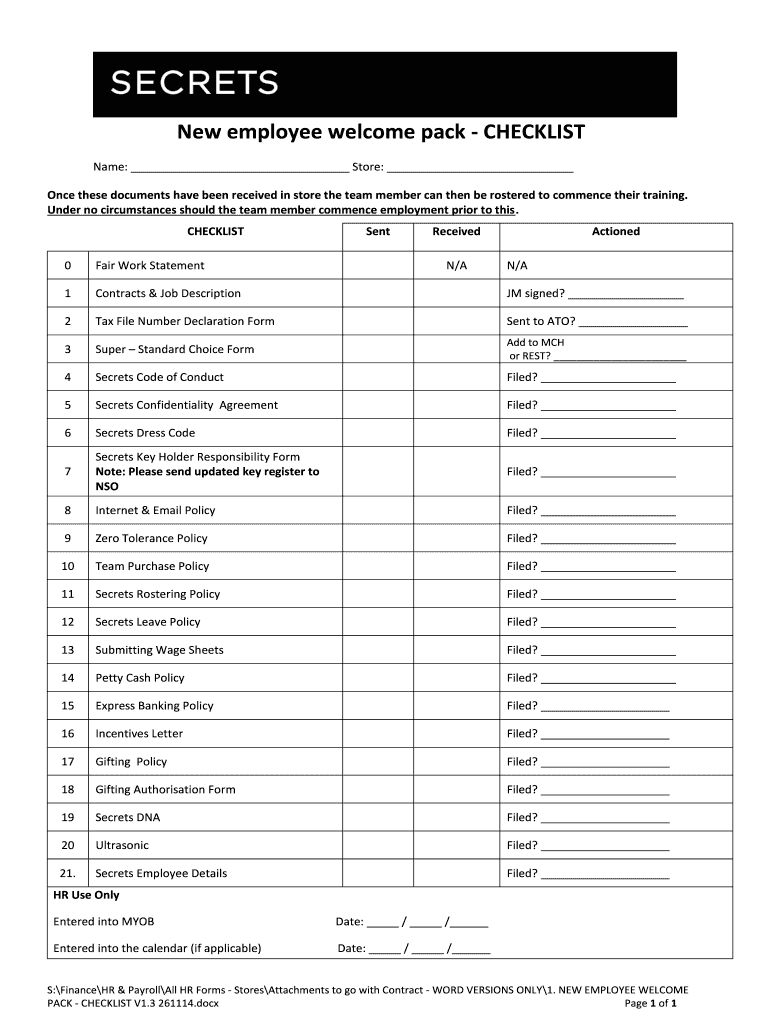 New Employee Welcome Pack CHECKLIST  Form