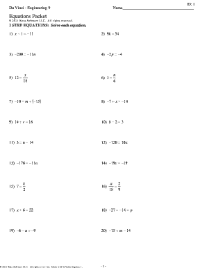 Da Vinci Engineering 9 Equations Packet Answer Key  Form