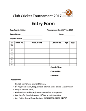 Cricket Tournament Form PDF