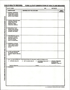 FORM 10, STAFF OBSERVATIONS of HEALTH and BEHAVIOR