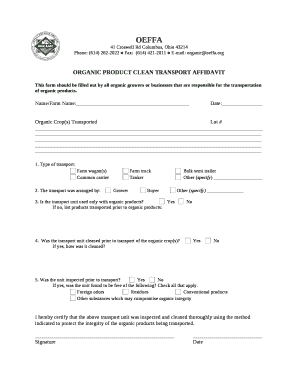 ORGANIC PRODUCT CLEAN TRANSPORT AFFIDAVIT  Form