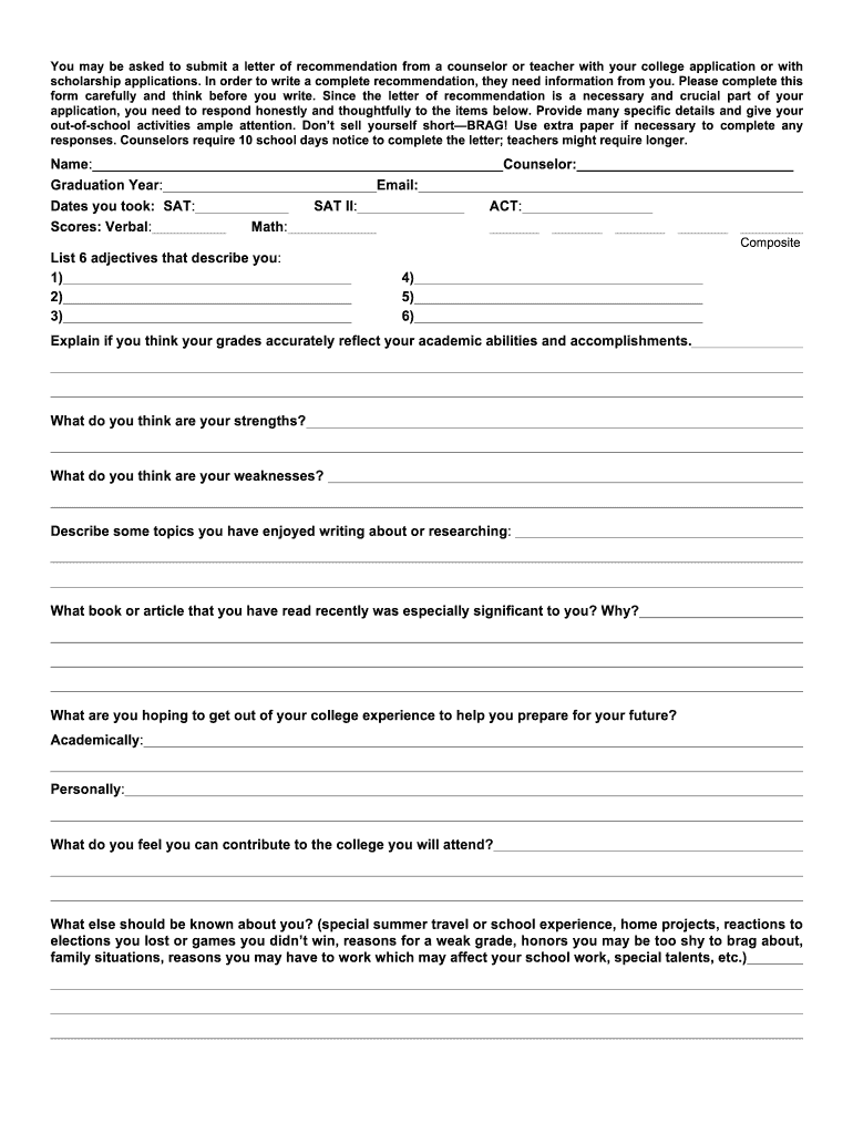 Letter of Recommendation Information Sheet for Teachers