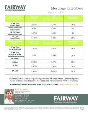 Mortgage Rate Sheet Template  Form