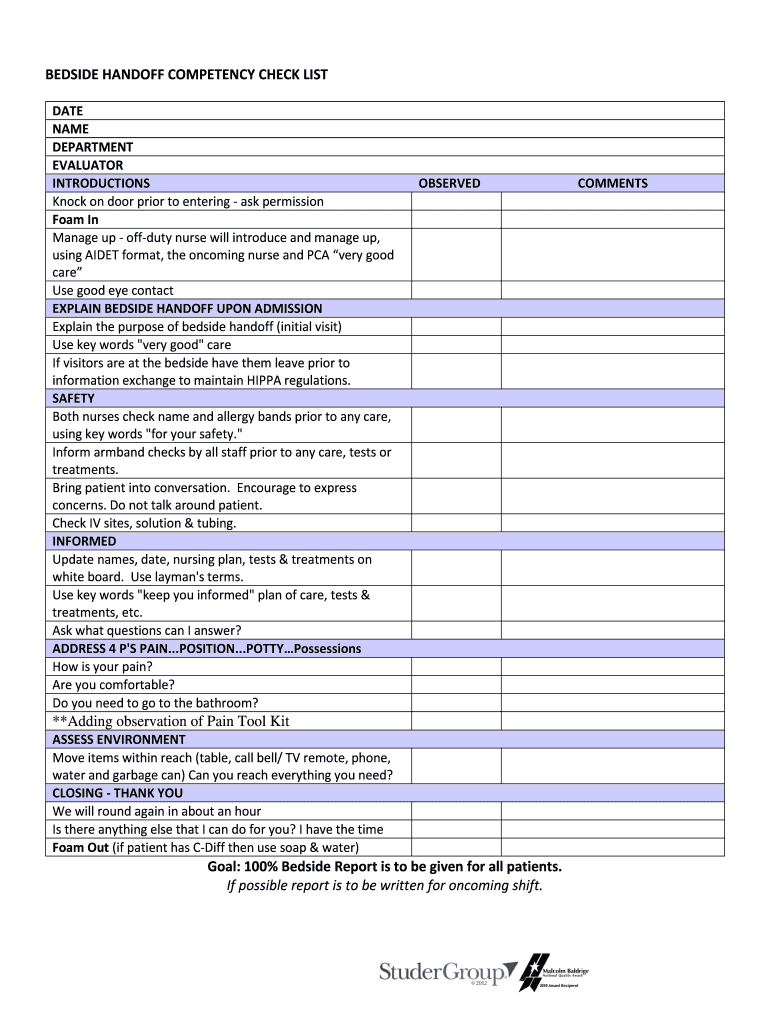 BEDSIDE HANDOFF COMPETENCY CHECK LIST  Form