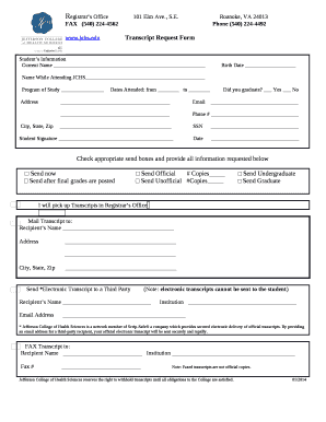 Jefferson College of Health Sciences Transcript Request  Form