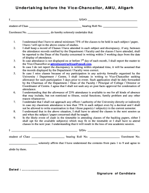 Undertaking Before the Vice Chancellor, AMU, Aligarh  Form