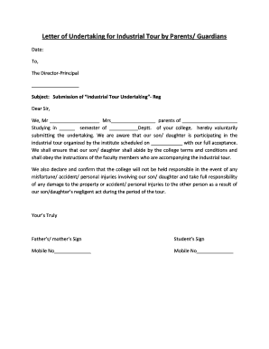 Letter of Undertaking for Industrial Tour by Parents Guardians  Form