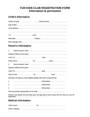 FUN KIDS CLUB REGISTRATION FORM